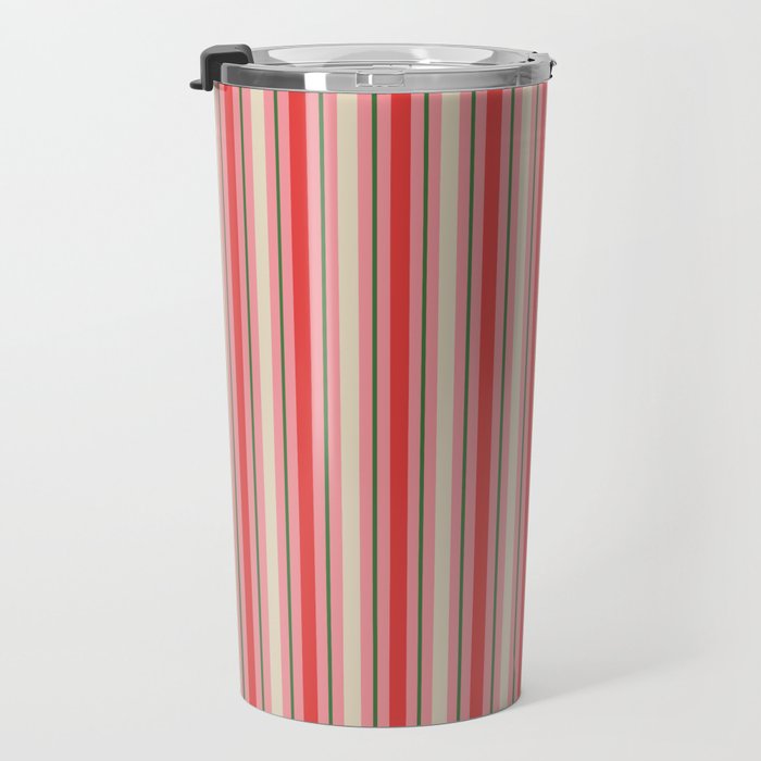 Old Fashioned Retro Christmas Stripe Pattern Vertical Pink, Red, Green, and Beige Travel Mug Gallery Image 3