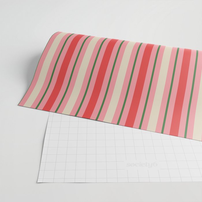 Old Fashioned Retro Christmas Stripe Pattern Vertical Pink, Red, Green, and Beige Wrapping Paper Gallery Image 2