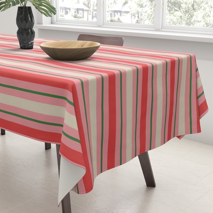 Old Fashioned Retro Christmas Stripe Pattern Vertical Pink, Red, Green, and Beige Tablecloth Gallery Image 3