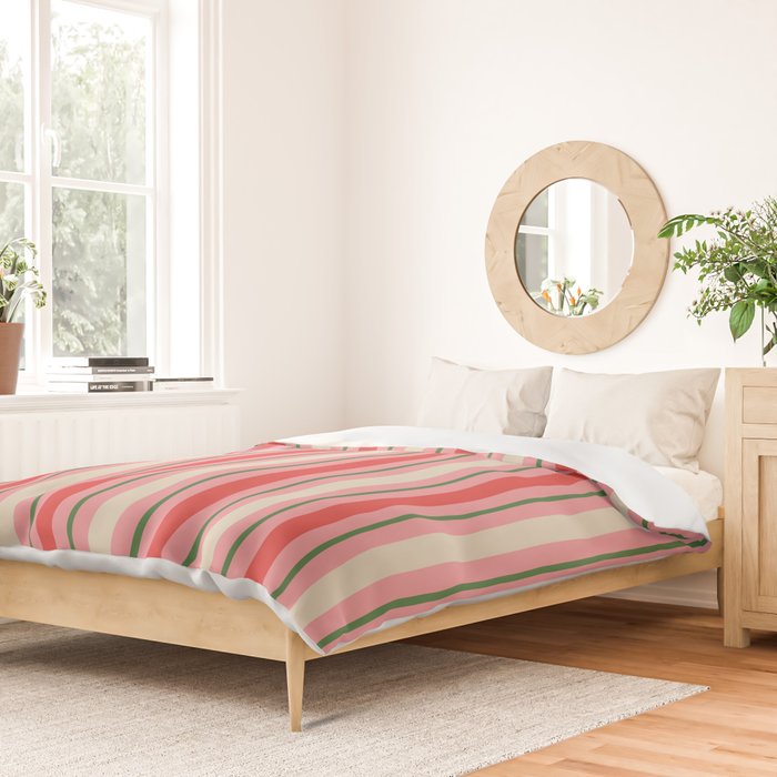 Old Fashioned Retro Christmas Stripe Pattern Vertical Pink, Red, Green, and Beige Duvet Cover Gallery Image 2
