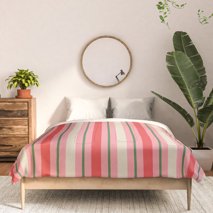 Old Fashioned Retro Christmas Stripe Pattern Vertical Pink, Red, Green, and Beige Comforter Gallery Image 3