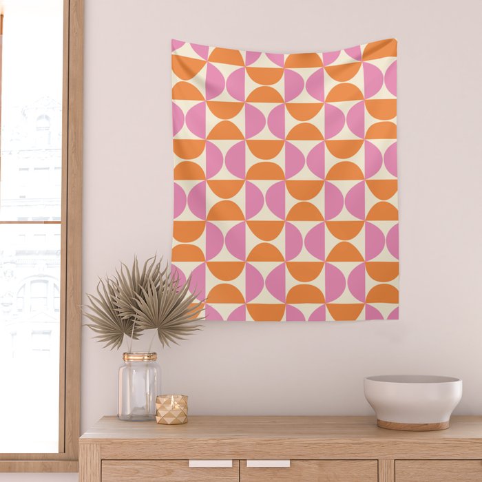 Mid-Century Geometric Shapes in Orange & Pink Wall Tapestry Gallery Image 2