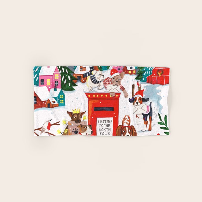 Dogs in the snow Christmas post nordic village Bath Towel Gallery Image 1
