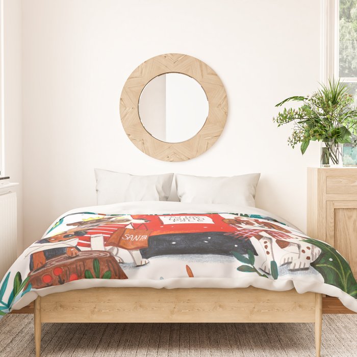 Dogs in the snow Christmas post nordic village Duvet Cover Gallery Image 3