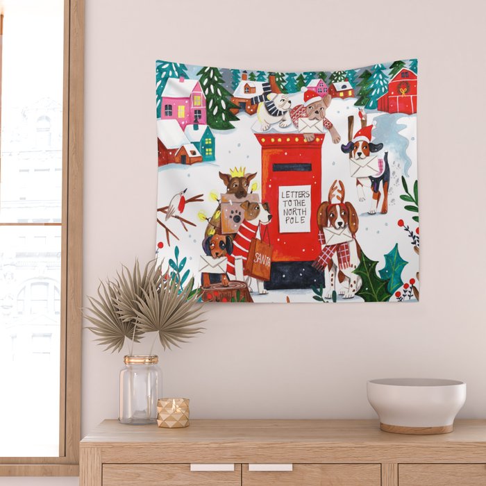 Dogs in the snow Christmas post nordic village Wall Tapestry Gallery Image 2