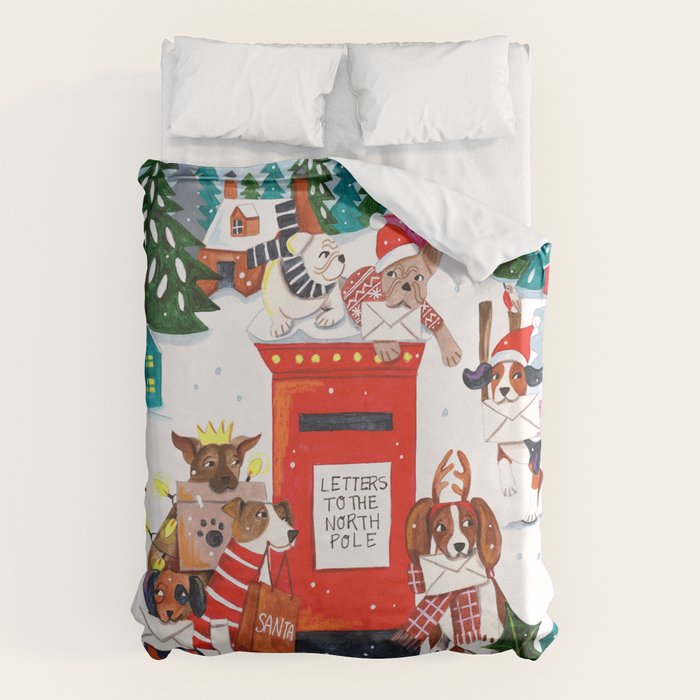 Dogs in the snow Christmas post nordic village Duvet Cover Gallery Image 1