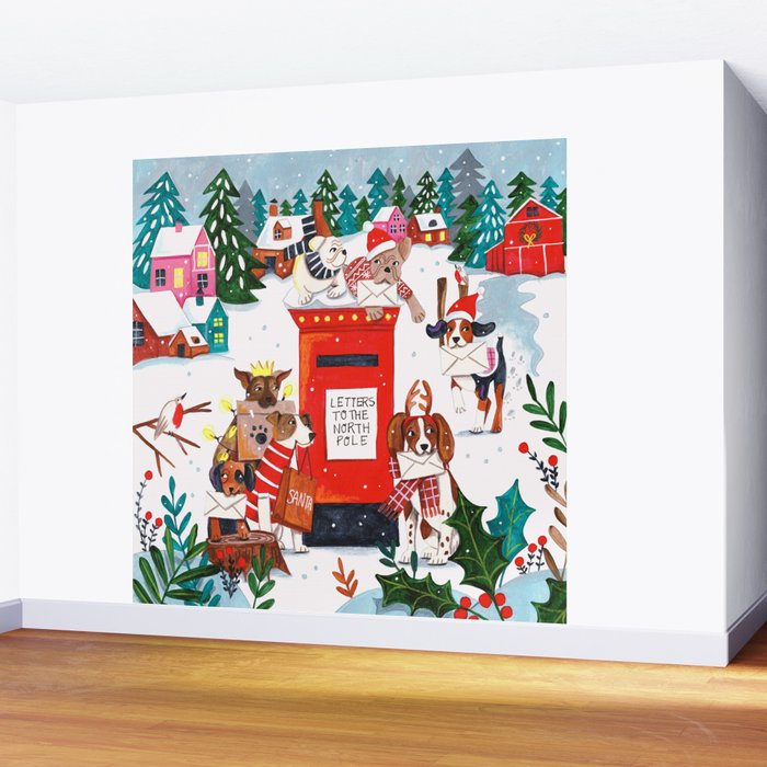 Dogs in the snow Christmas post nordic village Wall Mural Gallery Image 2