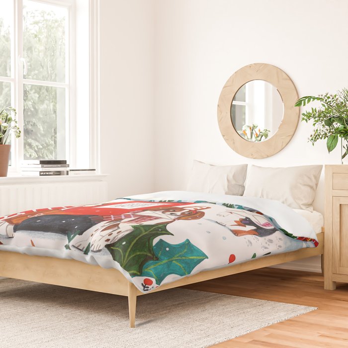 Dogs in the snow Christmas post nordic village Duvet Cover Gallery Image 2
