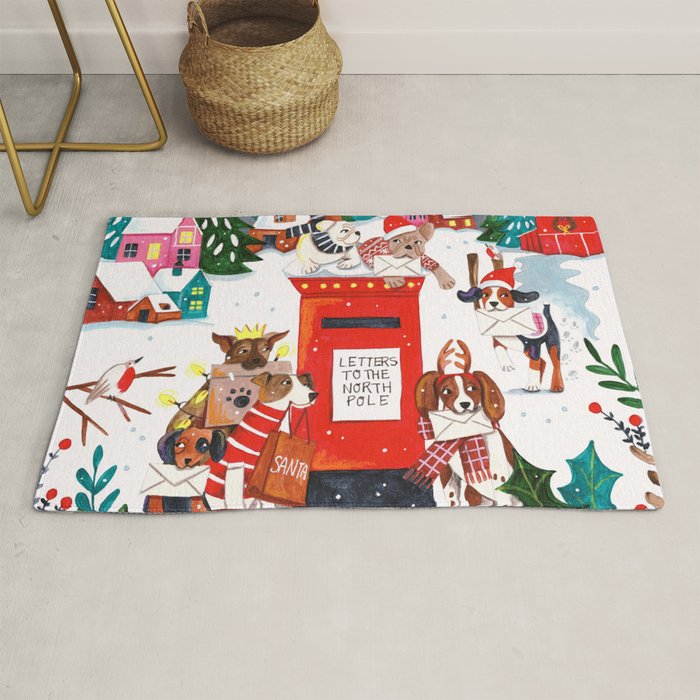 Dogs in the snow Christmas post nordic village Rug Gallery Image 1