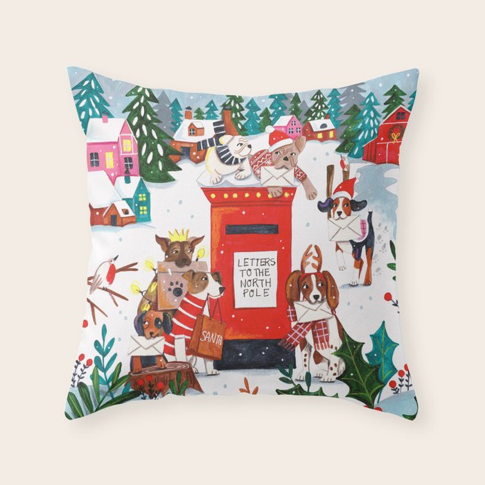 Dogs in the snow Christmas post nordic village Throw Pillow Gallery Image 6
