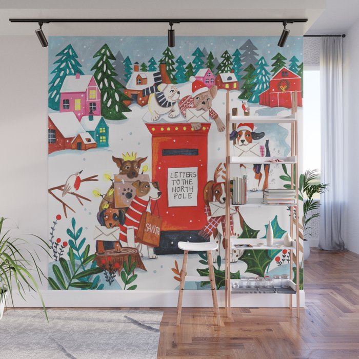 Dogs in the snow Christmas post nordic village Wall Mural Gallery Image 1