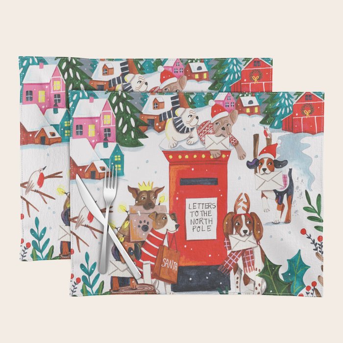 Dogs in the snow Christmas post nordic village Placemat Gallery Image 1