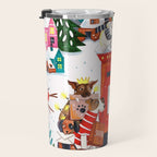 Dogs in the snow Christmas post nordic village Travel Mug Gallery Image 3