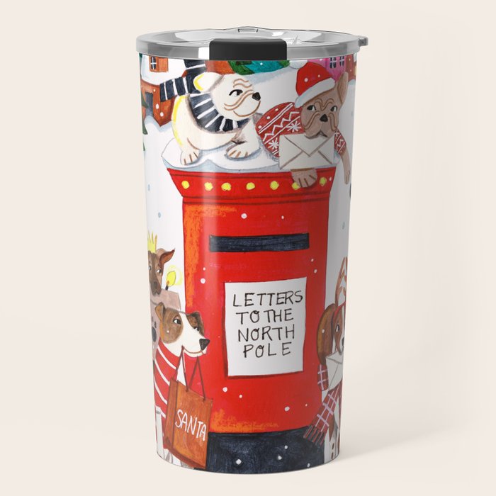 Dogs in the snow Christmas post nordic village Travel Mug Gallery Image 1