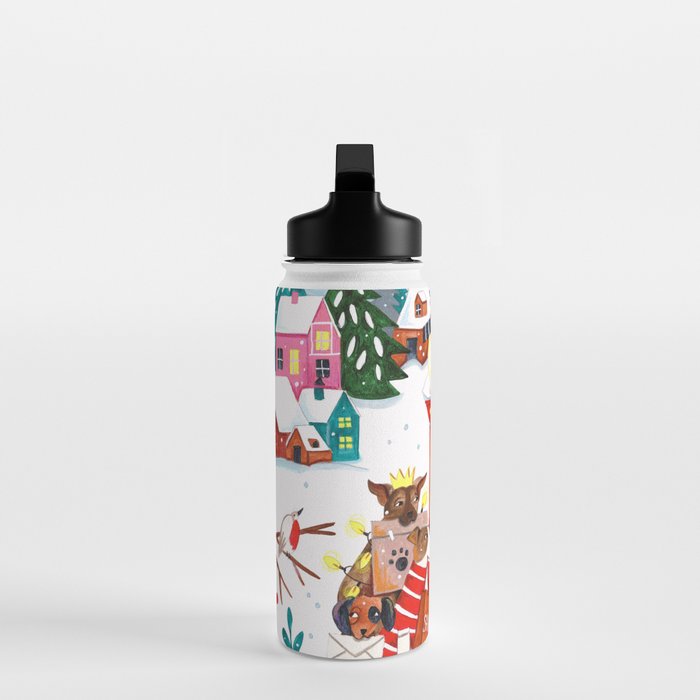 Dogs in the snow Christmas post nordic village Water Bottle Gallery Image 3