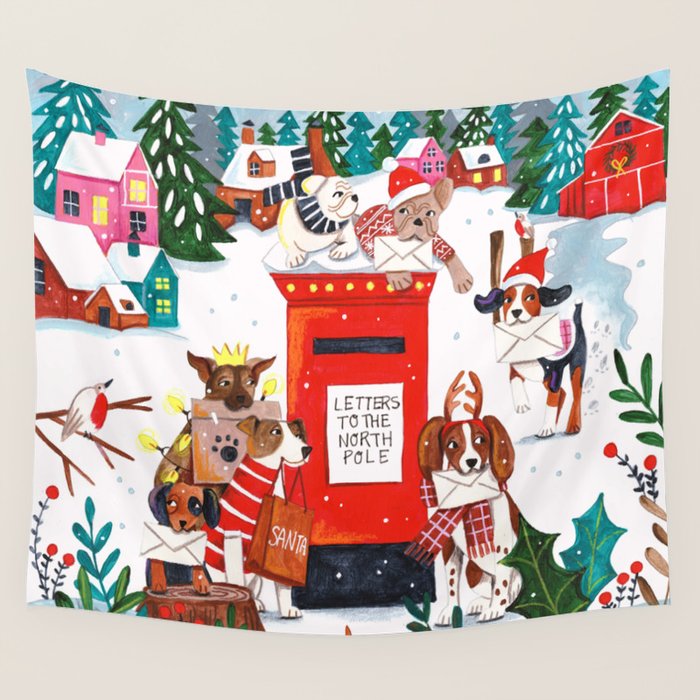 Dogs in the snow Christmas post nordic village Wall Tapestry Gallery Image 1