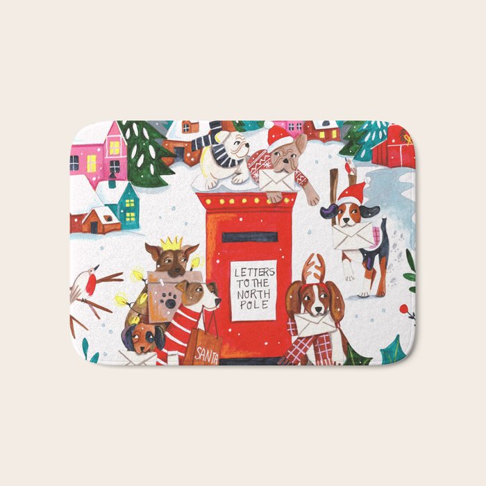Dogs in the snow Christmas post nordic village Bath Mat Gallery Image 1