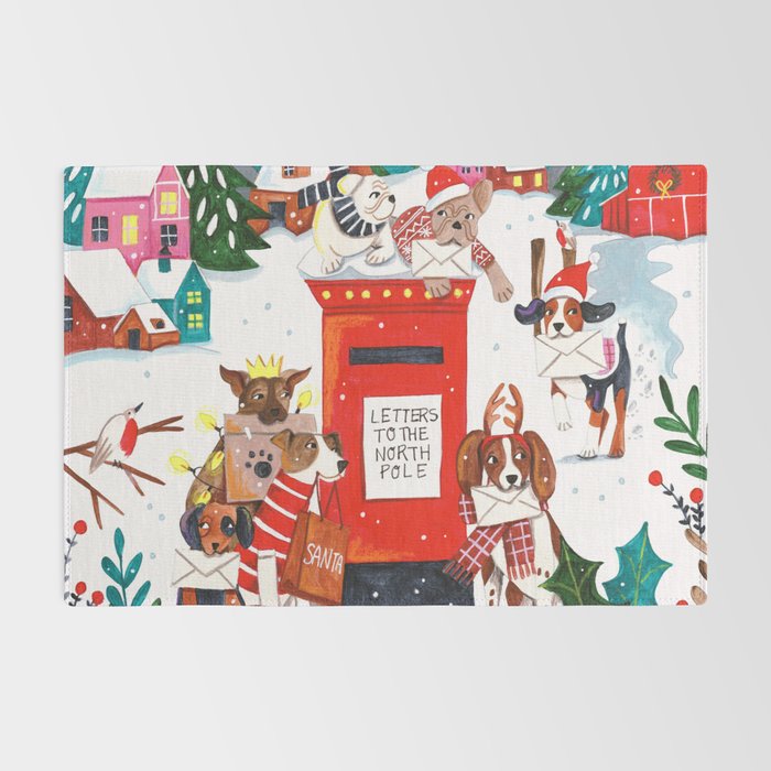 Dogs in the snow Christmas post nordic village Rug Gallery Image 2