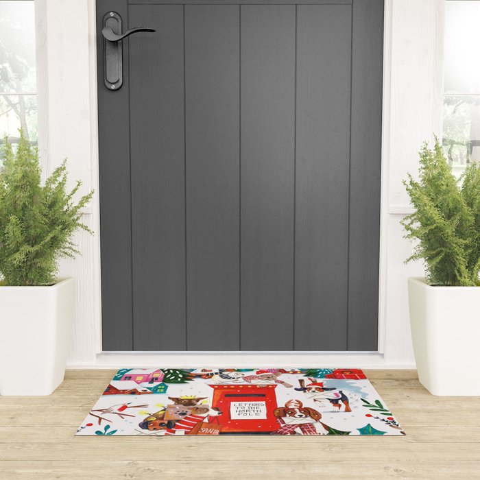 Dogs in the snow Christmas post nordic village Welcome Mat Gallery Image 3