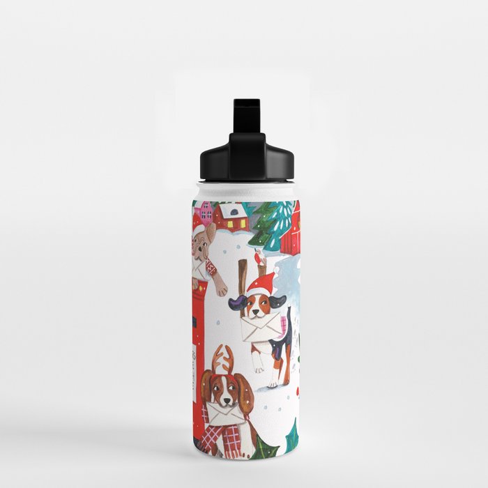 Dogs in the snow Christmas post nordic village Water Bottle Gallery Image 2