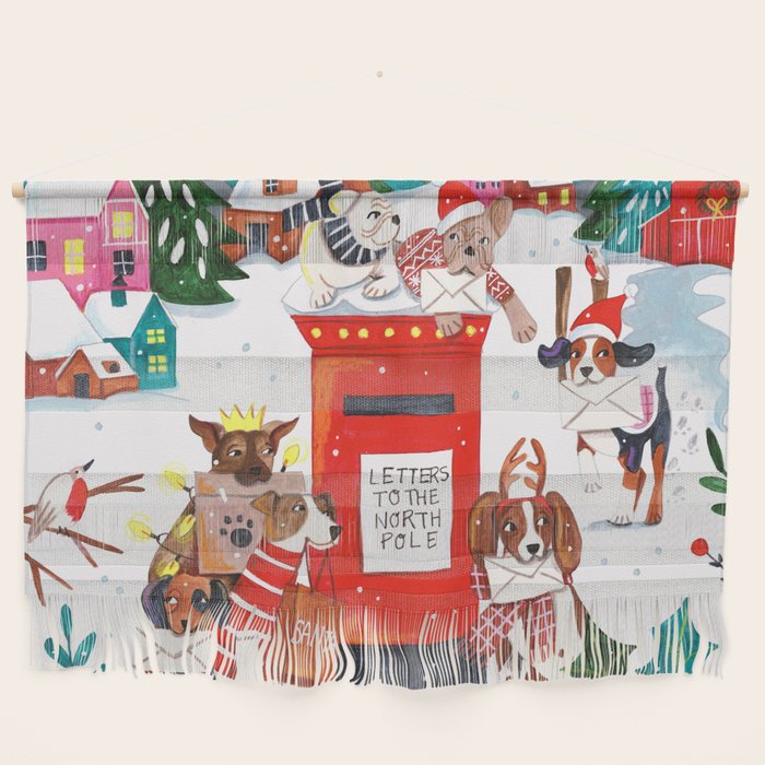 Dogs in the snow Christmas post nordic village Wall Hanging Gallery Image 1