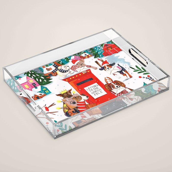 Dogs in the snow Christmas post nordic village Acrylic Tray Gallery Image 1