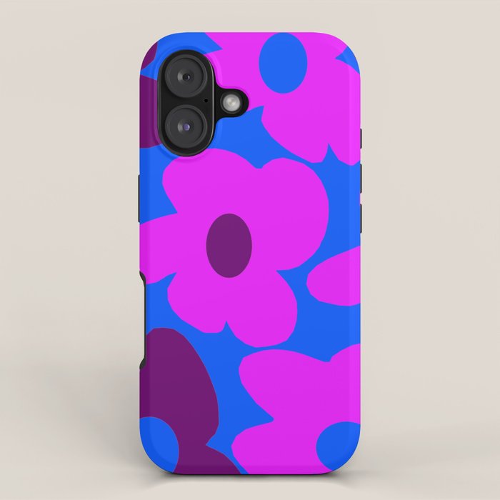 Large Pink and Purple Retro Flowers Blue Background #decor #society6 #buyart iPhone Case Gallery Image 1