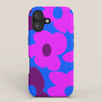 Large Pink and Purple Retro Flowers Blue Background #decor #society6 #buyart iPhone Case Gallery Image 1