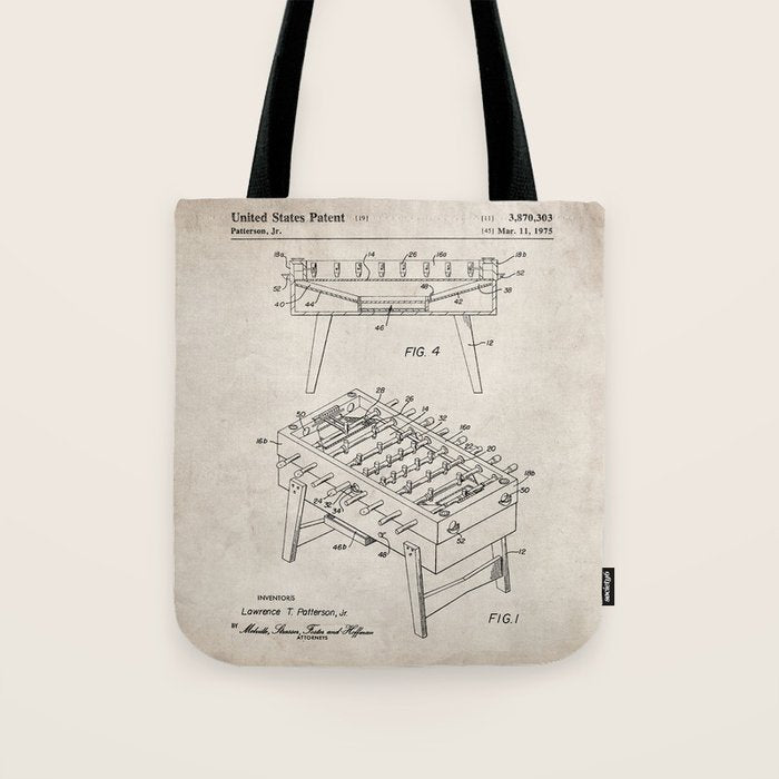 Foosball Table Patent - Foosball Player Game Room Art - Antique Tote Bag Gallery Image 1