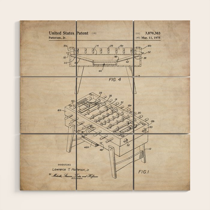 Foosball Table Patent - Foosball Player Game Room Art - Antique Wood Wall Art Gallery Image 1