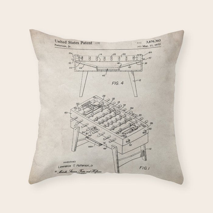 Foosball Table Patent - Foosball Player Game Room Art - Antique Throw Pillow Gallery Image 6