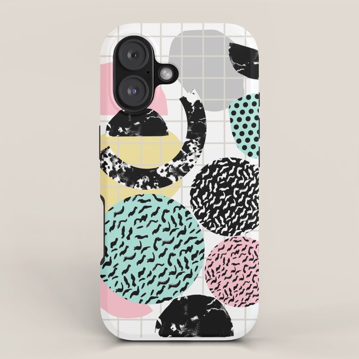 Amped - retro memphis throwback 80s style grid dots painting cut paper iPhone Case Gallery Image 1