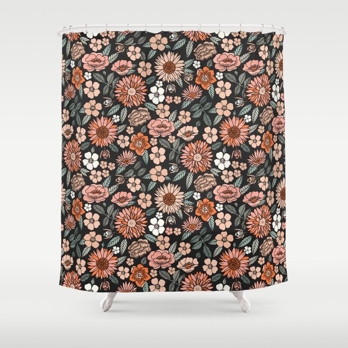 70s flowers - 70s, retro, spring, floral, florals, floral pattern, retro flowers, boho, hippie, earthy, muted Shower Curtain Gallery Image 1