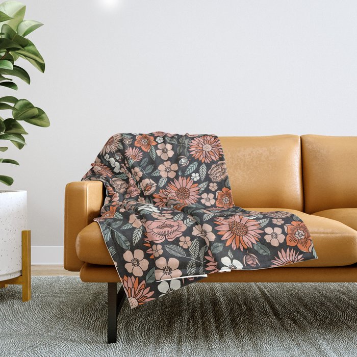 70s flowers - 70s, retro, spring, floral, florals, floral pattern, retro flowers, boho, hippie, earthy, muted Throw Blanket Gallery Image 1