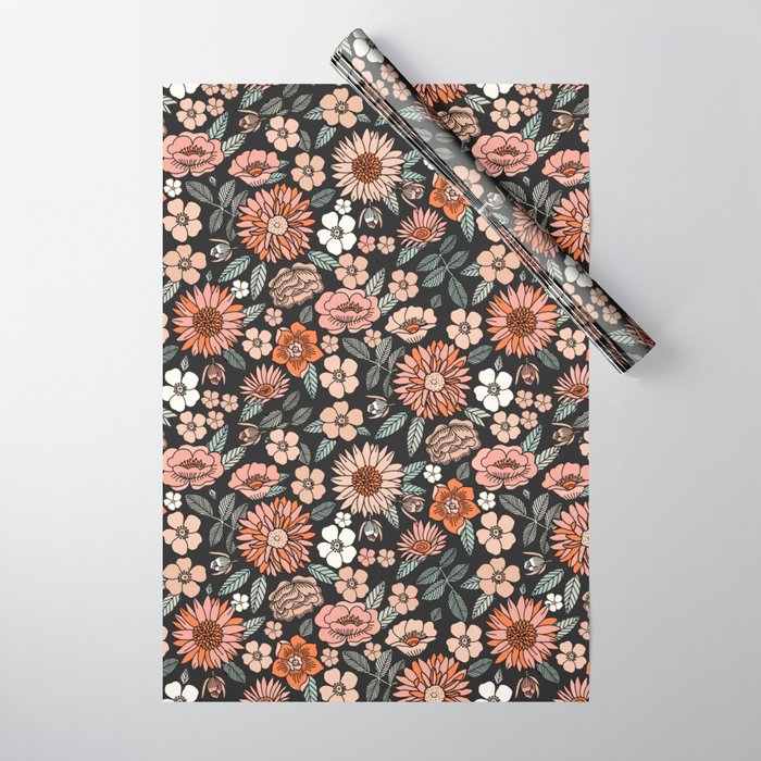 70s flowers - 70s, retro, spring, floral, florals, floral pattern, retro flowers, boho, hippie, earthy, muted Wrapping Paper Gallery Image 1