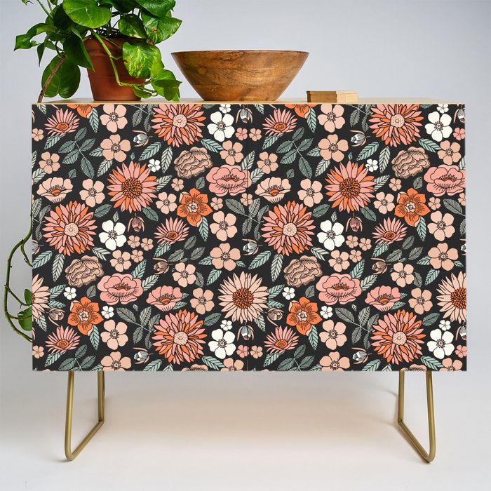 70s flowers - 70s, retro, spring, floral, florals, floral pattern, retro flowers, boho, hippie, earthy, muted Credenza Gallery Image 1