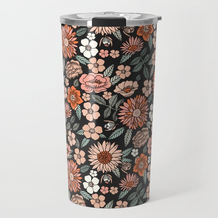 70s flowers - 70s, retro, spring, floral, florals, floral pattern, retro flowers, boho, hippie, earthy, muted Travel Mug Gallery Image 1