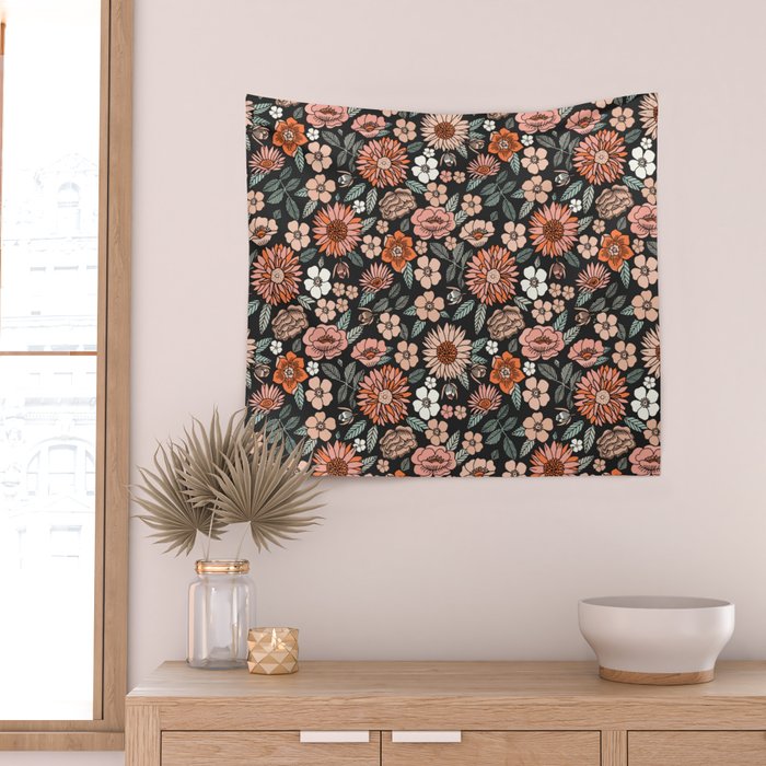 70s flowers - 70s, retro, spring, floral, florals, floral pattern, retro flowers, boho, hippie, earthy, muted Wall Tapestry Gallery Image 2