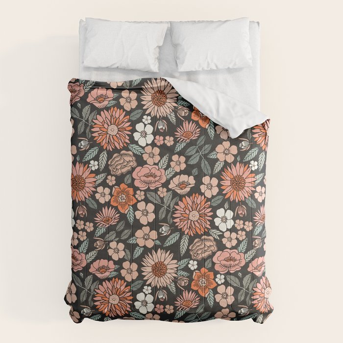 70s flowers - 70s, retro, spring, floral, florals, floral pattern, retro flowers, boho, hippie, earthy, muted Comforter Gallery Image 1
