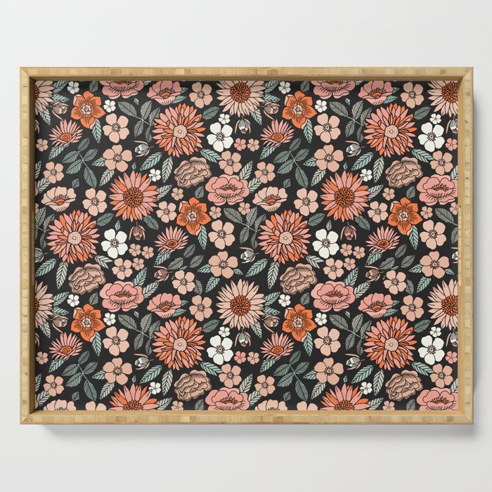 70s flowers - 70s, retro, spring, floral, florals, floral pattern, retro flowers, boho, hippie, earthy, muted Serving Tray Gallery Image 1