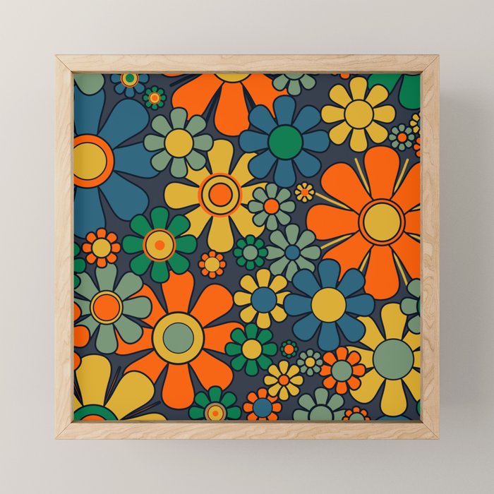 Retro Garden Flowers Groovy 60s 70s Floral Pattern Orange Blue Green Mustard Mini Art Print Gallery Image 1