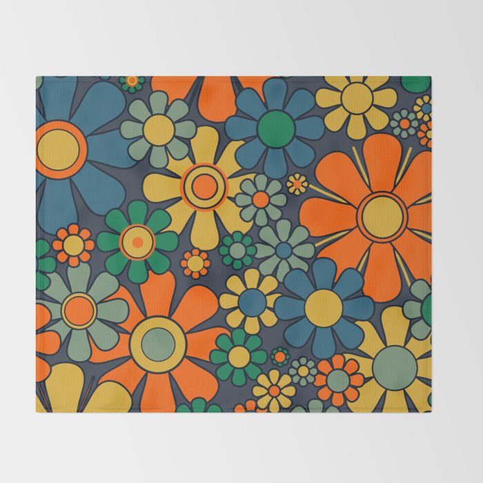 Retro Garden Flowers Groovy 60s 70s Floral Pattern Orange Blue Green Mustard Throw Blanket Gallery Image 2