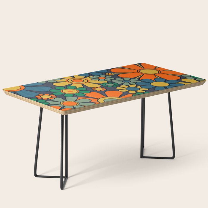 Retro Garden Flowers Groovy 60s 70s Floral Pattern Orange Blue Green Mustard Coffee Table Gallery Image 1