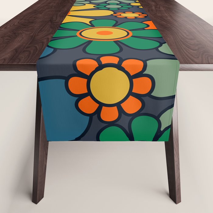 Retro Garden Flowers Groovy 60s 70s Floral Pattern Orange Blue Green Mustard Table Runner Gallery Image 1