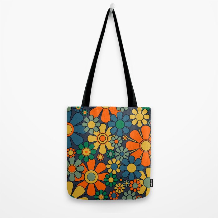 Retro Garden Flowers Groovy 60s 70s Floral Pattern Orange Blue Green Mustard Tote Bag Gallery Image 2