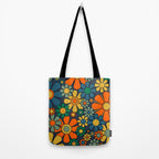 Retro Garden Flowers Groovy 60s 70s Floral Pattern Orange Blue Green Mustard Tote Bag Gallery Image 2