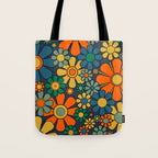 Retro Garden Flowers Groovy 60s 70s Floral Pattern Orange Blue Green Mustard Tote Bag Gallery Image 1