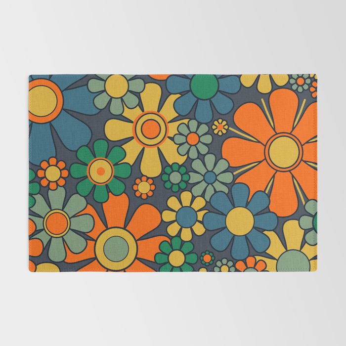 Retro Garden Flowers Groovy 60s 70s Floral Pattern Orange Blue Green Mustard Rug Gallery Image 2