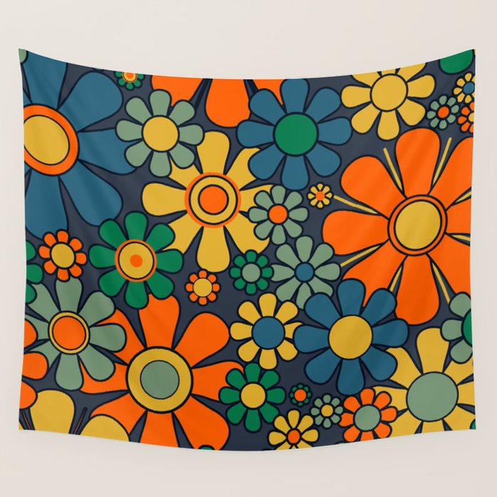 Retro Garden Flowers Groovy 60s 70s Floral Pattern Orange Blue Green Mustard Wall Tapestry Gallery Image 4