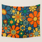 Retro Garden Flowers Groovy 60s 70s Floral Pattern Orange Blue Green Mustard Wall Tapestry Gallery Image 4